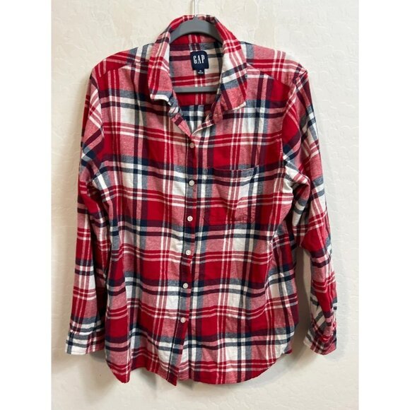 Women Gap Plaid Flannel Red White Blue Plaid Button Up Shirt Sz XL 100% Cotton - Picture 1 of 4